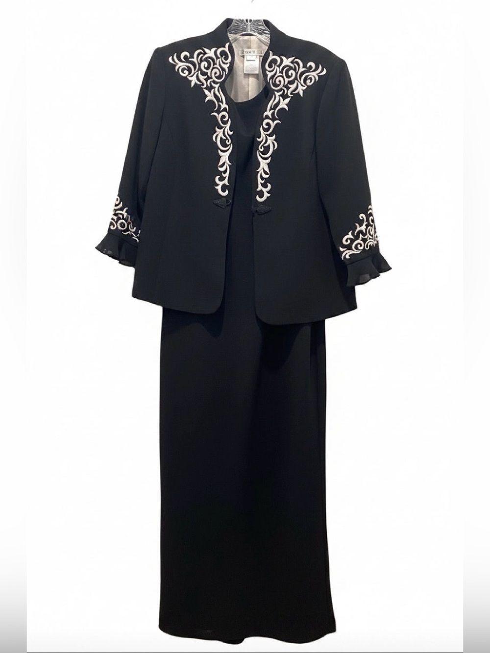 Black Maxi Skirt Set with White Embroidered Jacket